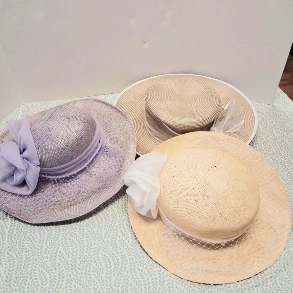 Vintage Lot of 3 Ladies Straw Church Derby Tea Hats SMALL